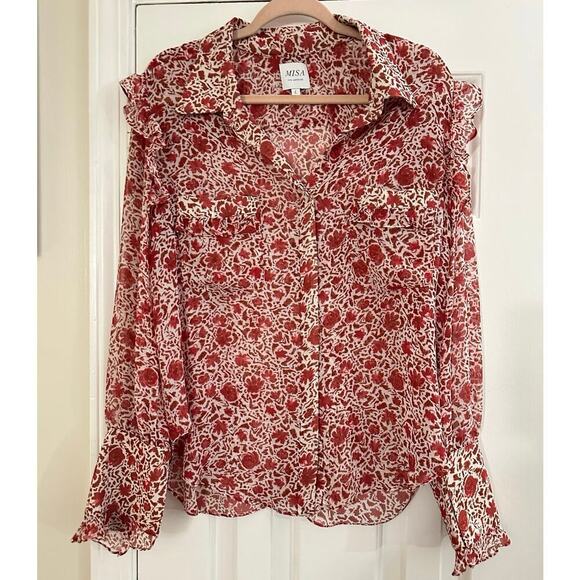 MISA LOS ANGELES Anita Long Sleeve Ruffle Rust Red Floral Animal Blouse - Sz L - Picture 4 of 8